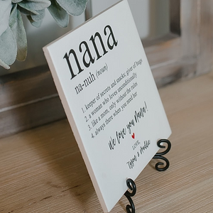 a sign on a wooden table with a plant in the background