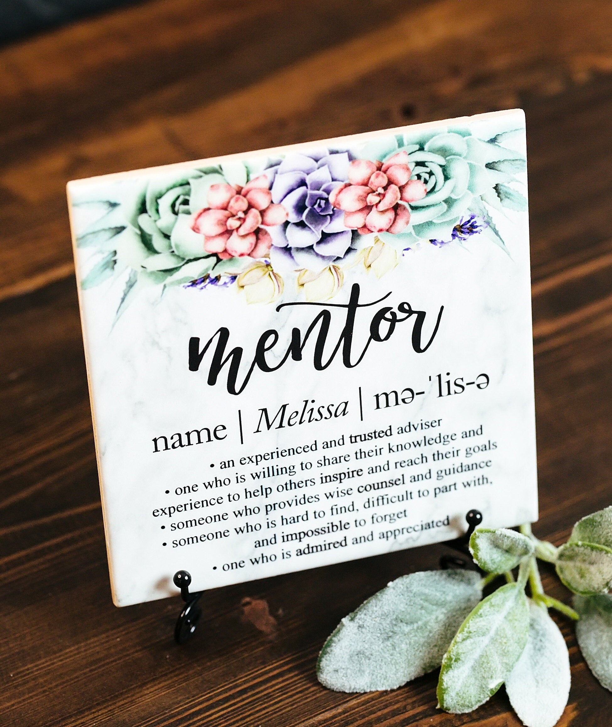 Marble Succulents Mentor Plaque With Stand, Thank You Mentor Sign, Custom Boss Appreciation For Retirement, Teacher, Counselor, Adviser