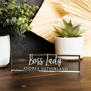 Boss Lady Glass Office Desk Name Plate, Best Employer Ever Nameplate, Girlboss CEO Appreciation Gift, Entrepreneur Day Gift From Employees