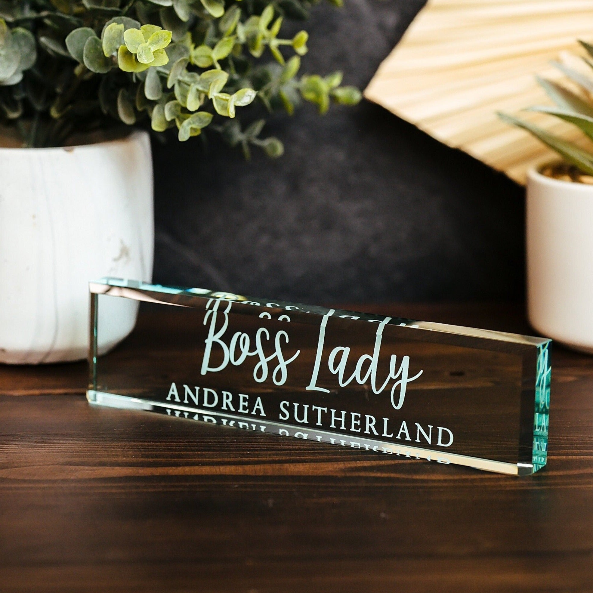 Boss Lady Glass Office Desk Name Plate, Best Employer Ever Nameplate, Girlboss CEO Appreciation Gift, Entrepreneur Day Gift From Employees