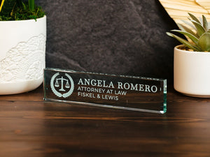 Attorney Glass Office Desk Name Plate, Clear Crystal JD Judge Nameplate, Lawyer Appreciation Gift, Juris Doctor Law School Graduation
