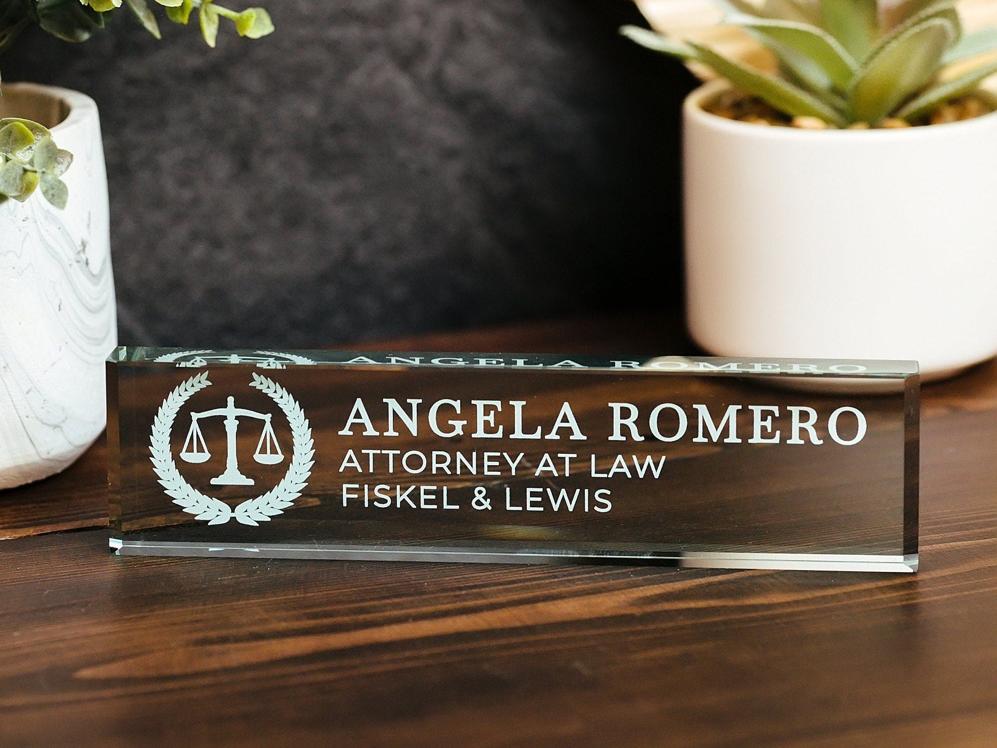 Attorney Glass Office Desk Name Plate, Clear JD Judge Nameplate, Lawyer Appreciation Gift, Juris Doctor Law School Graduation