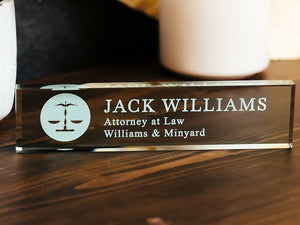 Attorney Glass Office Desk Name Plate, Clear JD Judge Nameplate, Lawyer Appreciation Gift, Juris Doctor Law School Graduation