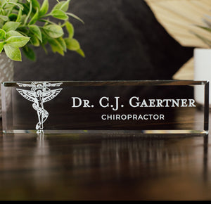 Doctor of Chiropractic Glass Office Desk Name Plate, Clear DOC Nameplate, Medical Practitioner Appreciation Gift, Med School Graduation