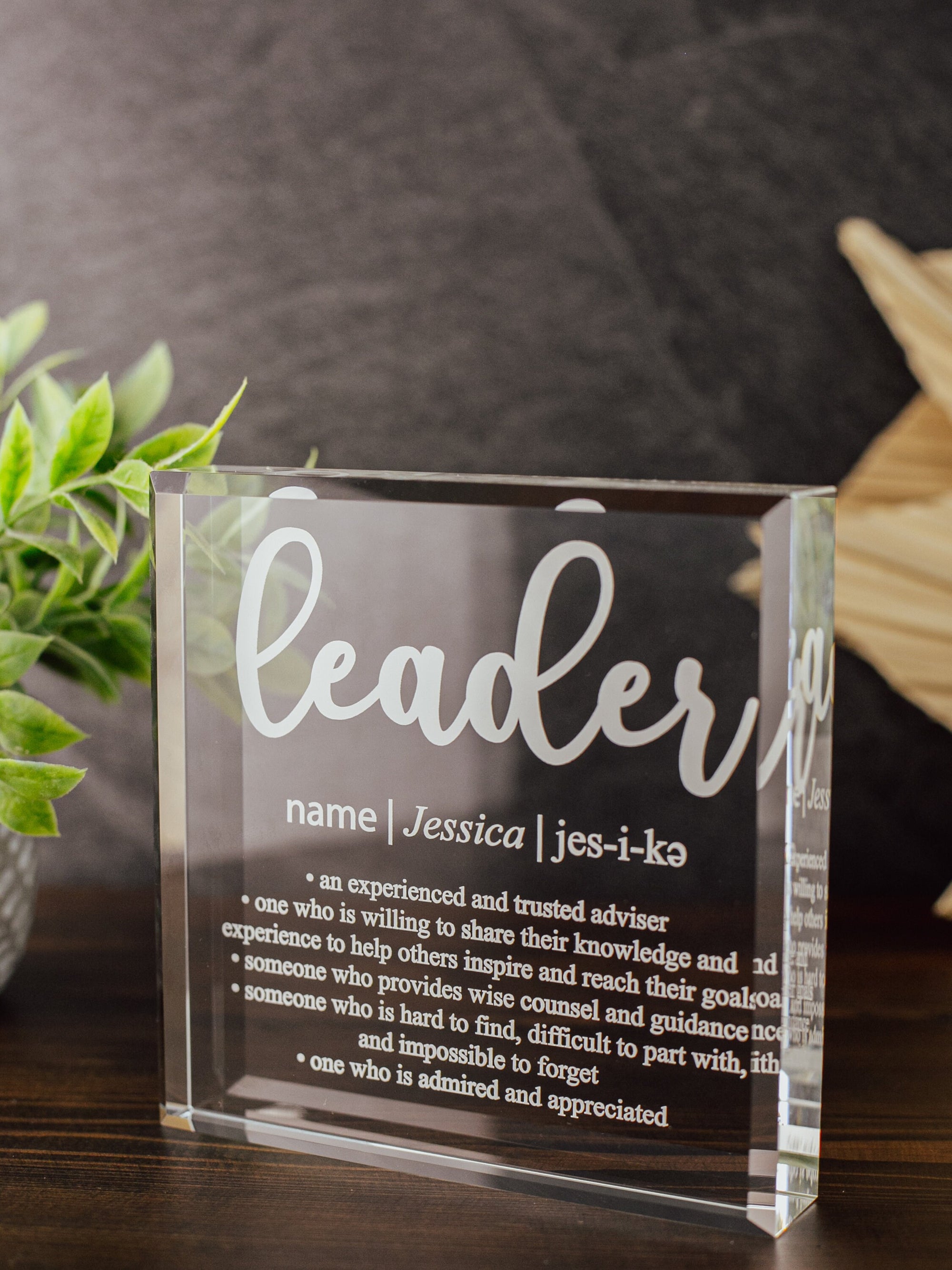 Leader Definition Crystal Glass Plaque, for Employee Recognition, CEO, Life Coach Trophy, Appreciation Gift Plaque, Present from Staff, Boss