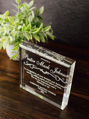Pastor Appreciation Award Crystal Glass Plaque, for Employee Recognition, Pastoral Staff, Church Leader Trophy, Retirement Gift Plaque