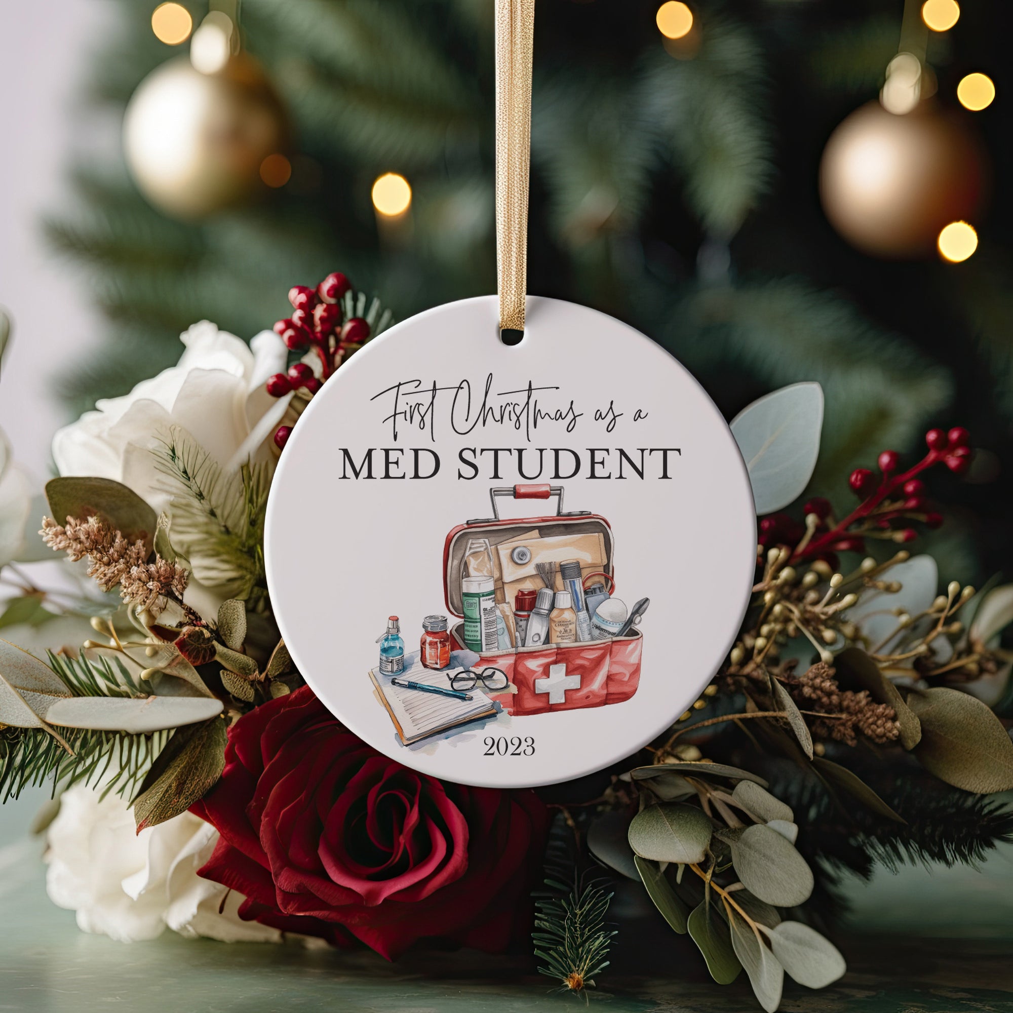 First Year and Christmas as a Medical Med School Student Grad Gift University Christmas Ornament, Future New Doctor MD Physician In Progress