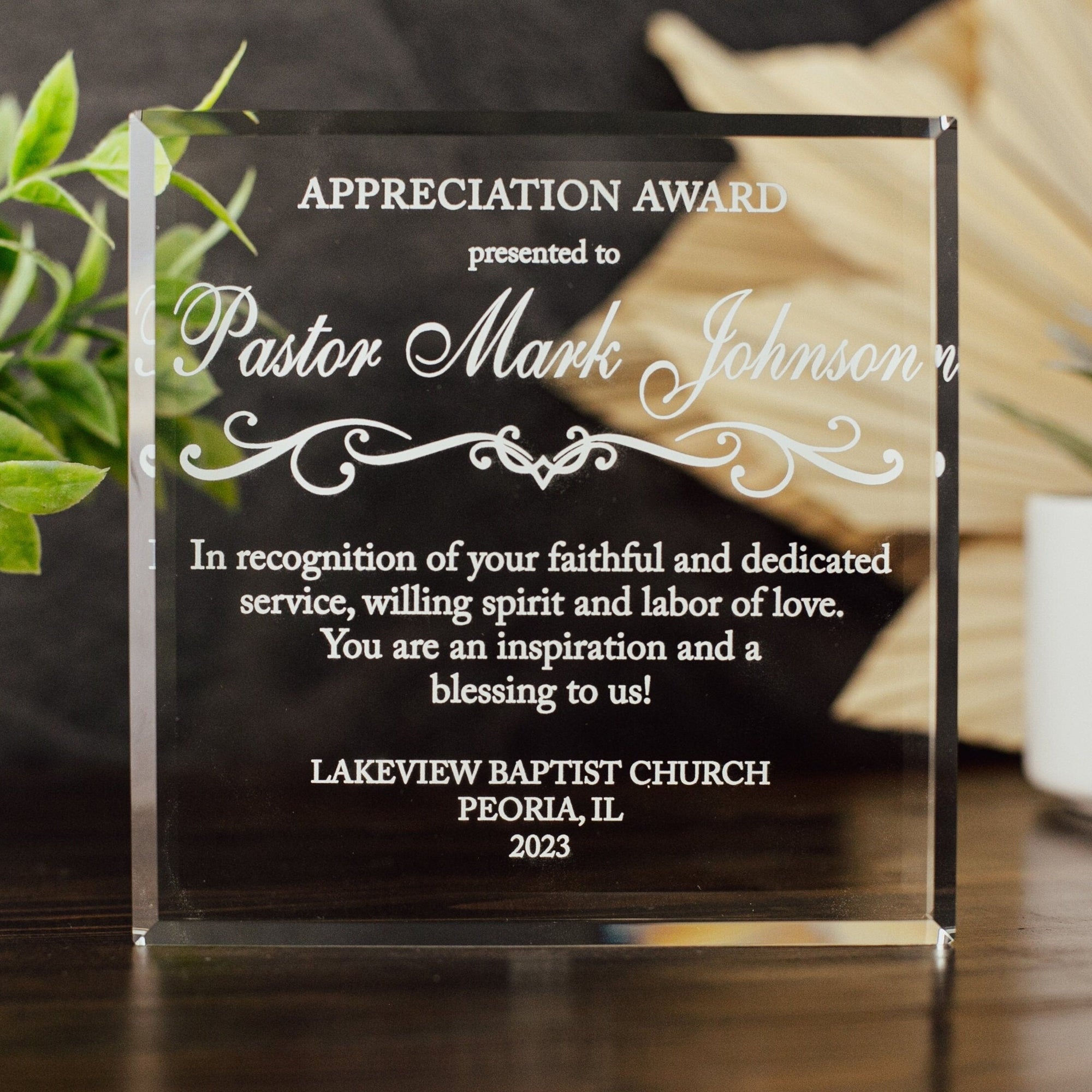 Pastor Appreciation Award Crystal Glass Plaque, for Employee Recognition, Pastoral Staff, Church Leader Trophy, Retirement Gift Plaque