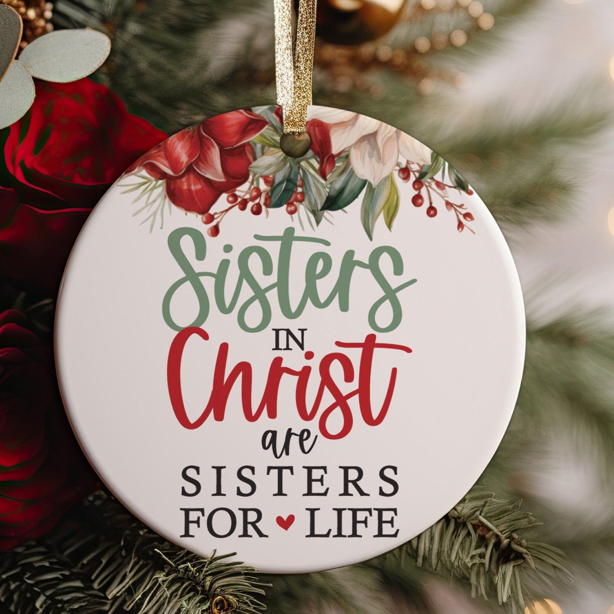 Sisters In Christ Christian Bible Study Group Best Friends or Besties Friendship BFF Ceramic Round Ornament Gift Idea, Free Gift Box