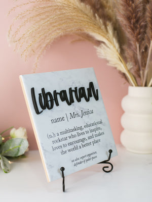3D Librarian Appreciation Tile Plaque Gift From College, High School Student, Child to Teachers Aid, Elementary + Jr. High Teacher, Mentor
