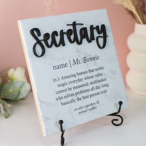 3D Secretary Appreciation Ceramic Tile Plaque Gift From Boss, Child to Teachers Aid, Co-worker Present Idea, Administrative Assistant