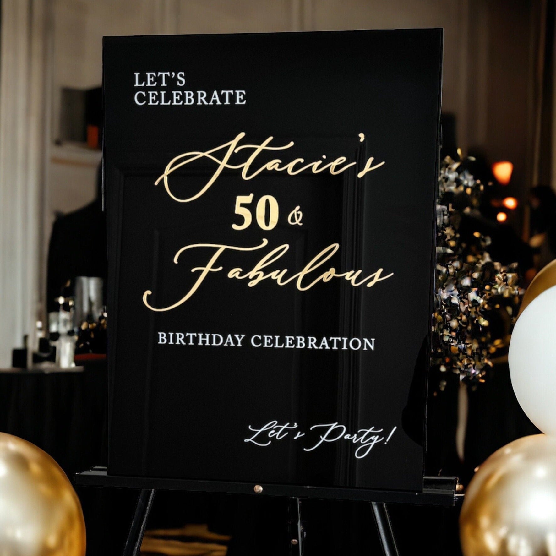 50th birthday welcome sign with gold and black
