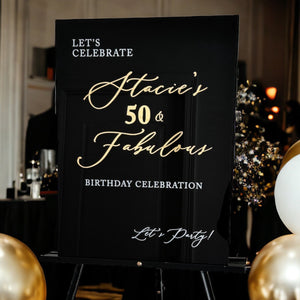 50th birthday welcome sign with gold and black