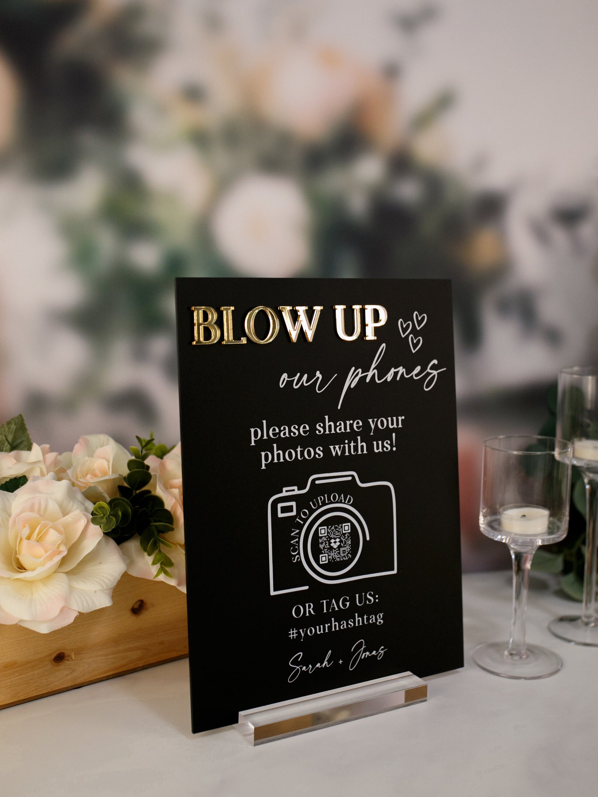 Blow Up Their Phones Wedding Table Sign Text or Video Bride and Groom Memories Acrylic Black and Gold Wedding I Spy Games, Photo Guestbook