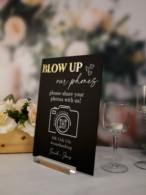 Blow Up Their Phones Wedding Table Sign Text or Video Bride and Groom Memories Acrylic Black and Gold Wedding I Spy Games, Photo Guestbook