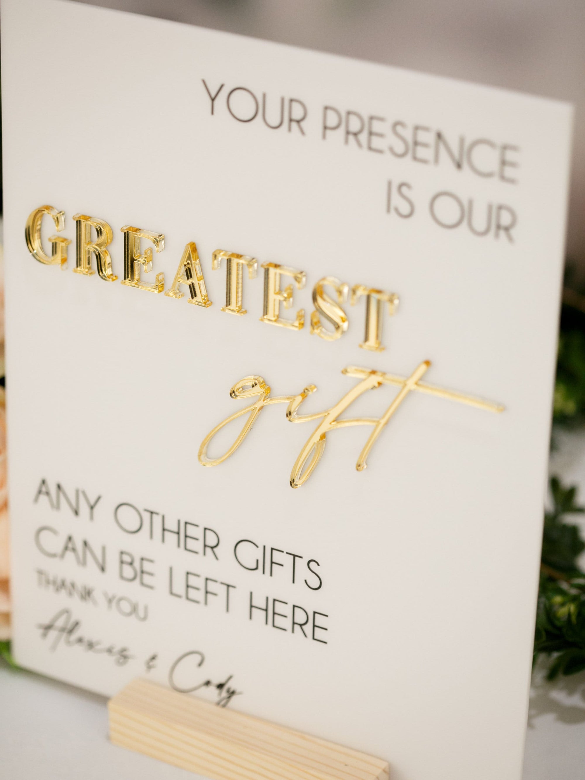 3D Mirror Your Presence Is Our Greatest Gift, Any Other Gifts Can Be Left Here Acrylic Wedding Sign, Cards Perspex Table Gift Table Signage