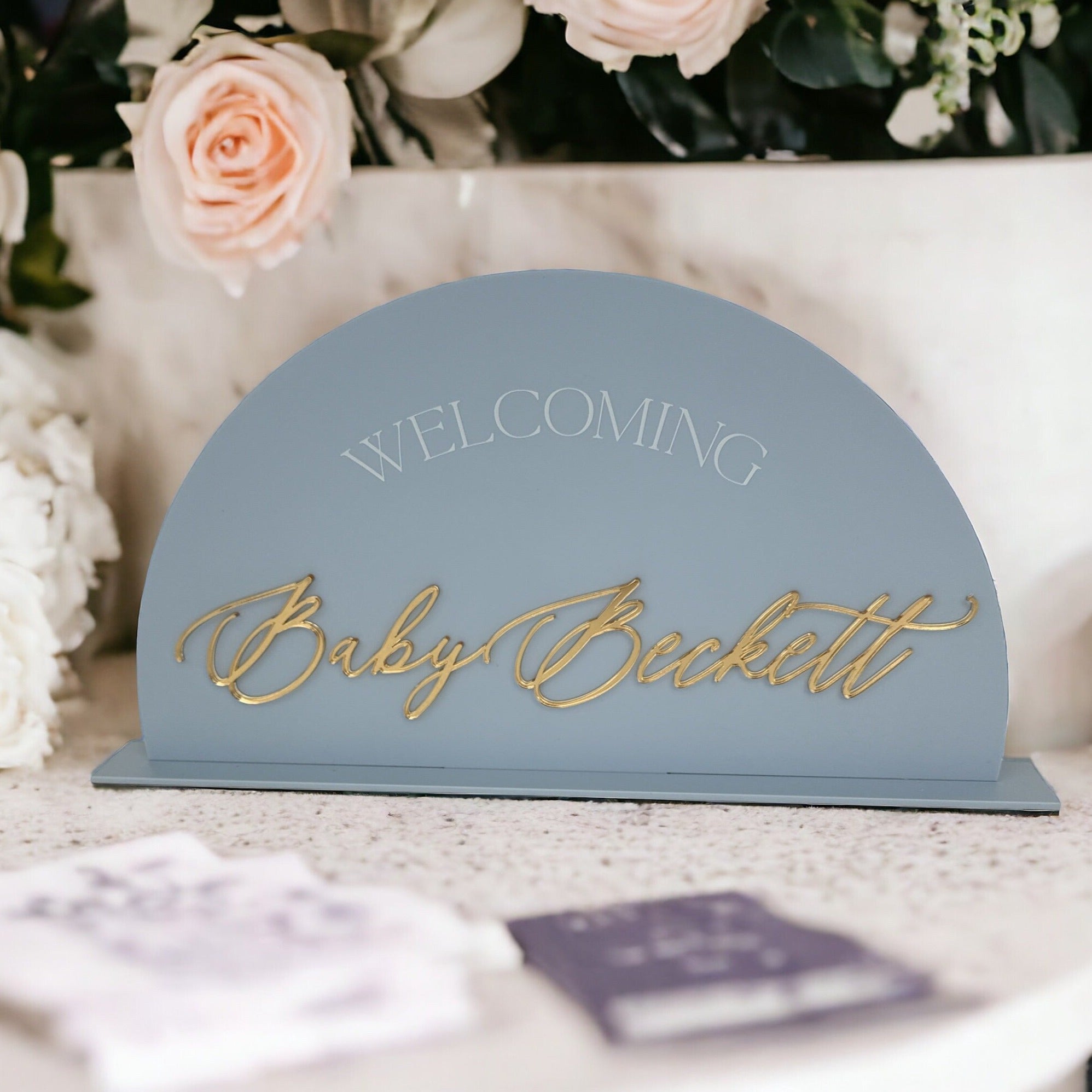 3D Mirrored Acrylic Arch Baby Shower Welcoming Baby Sign, Laser Cut Newborn Party Signage, New Boy or Girl Dusty Blue or Rose Shower Decor