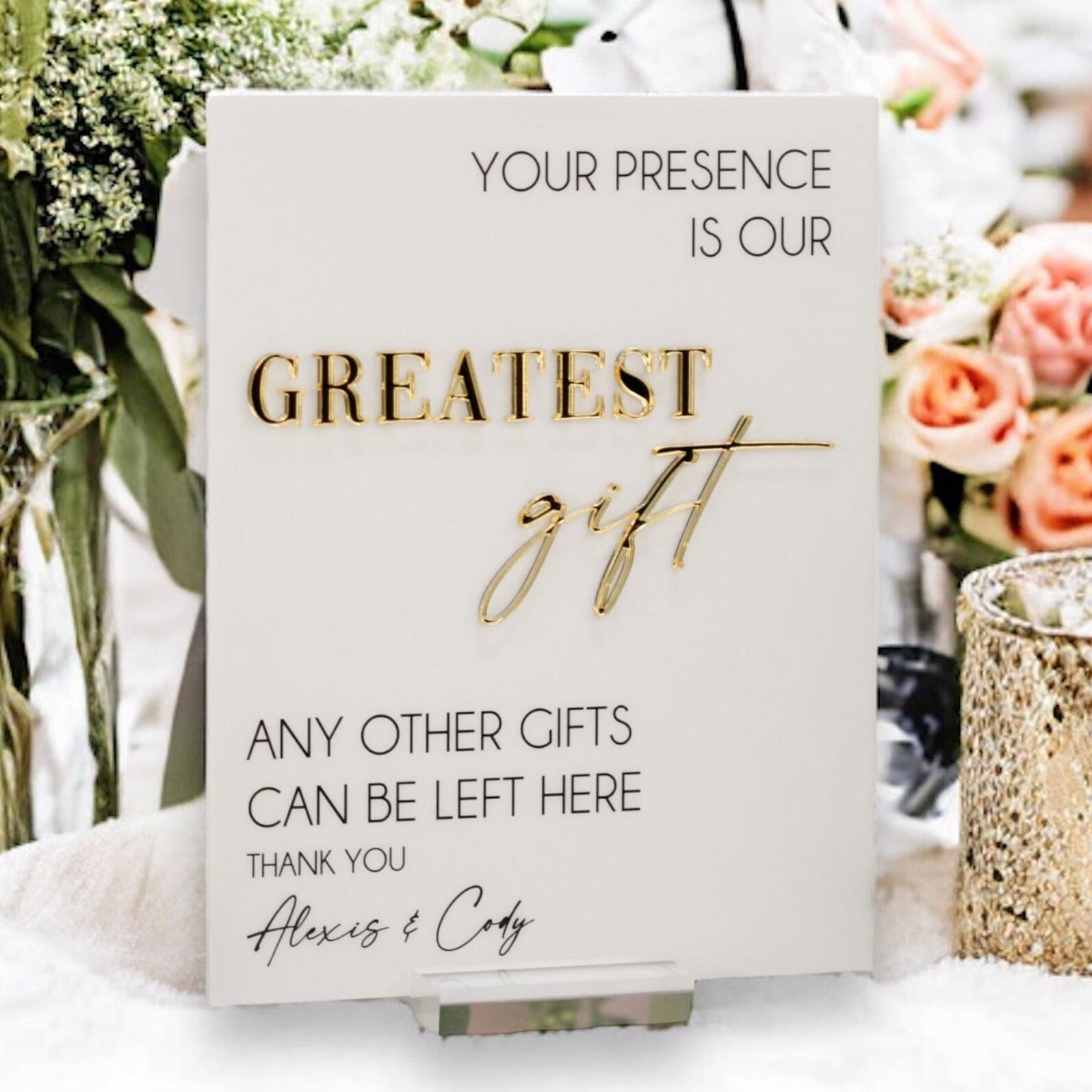 3D Mirror Your Presence Is Our Greatest Gift, Any Other Gifts Can Be Left Here Acrylic Wedding Sign, Cards Perspex Table Gift Table Signage