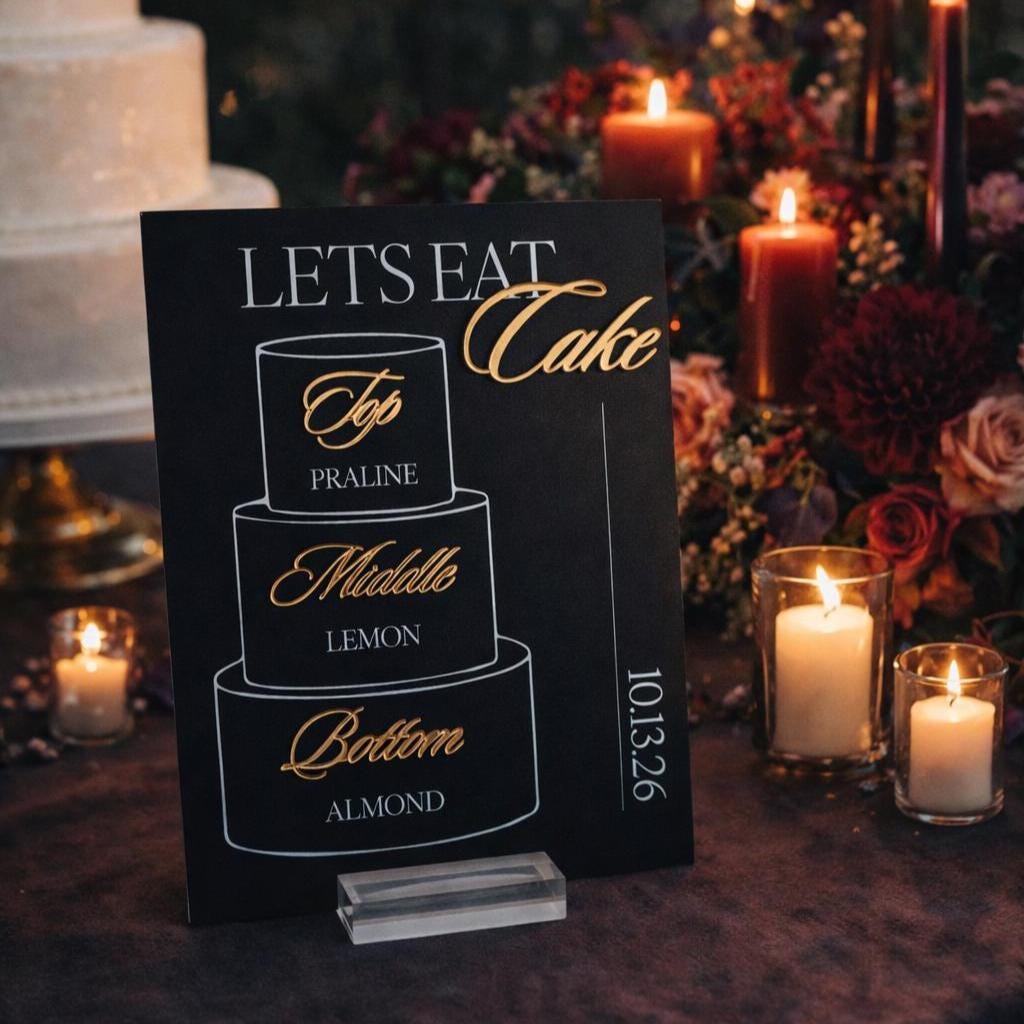 Acrylic Cake Sign Featuring 3D Cake Flavor Labels for Wedding Table Display