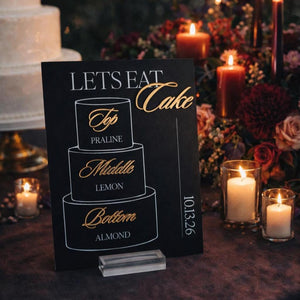 Acrylic Cake Sign Featuring 3D Cake Flavor Labels for Wedding Table Display