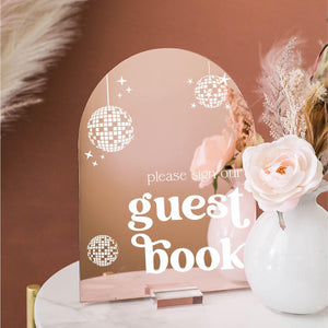 ARCH Gold Silver or Rose Gold Mirror Please Sign Our Guestbook Retro Disco Ball Wedding Reception Party Decor Guest Book Sign