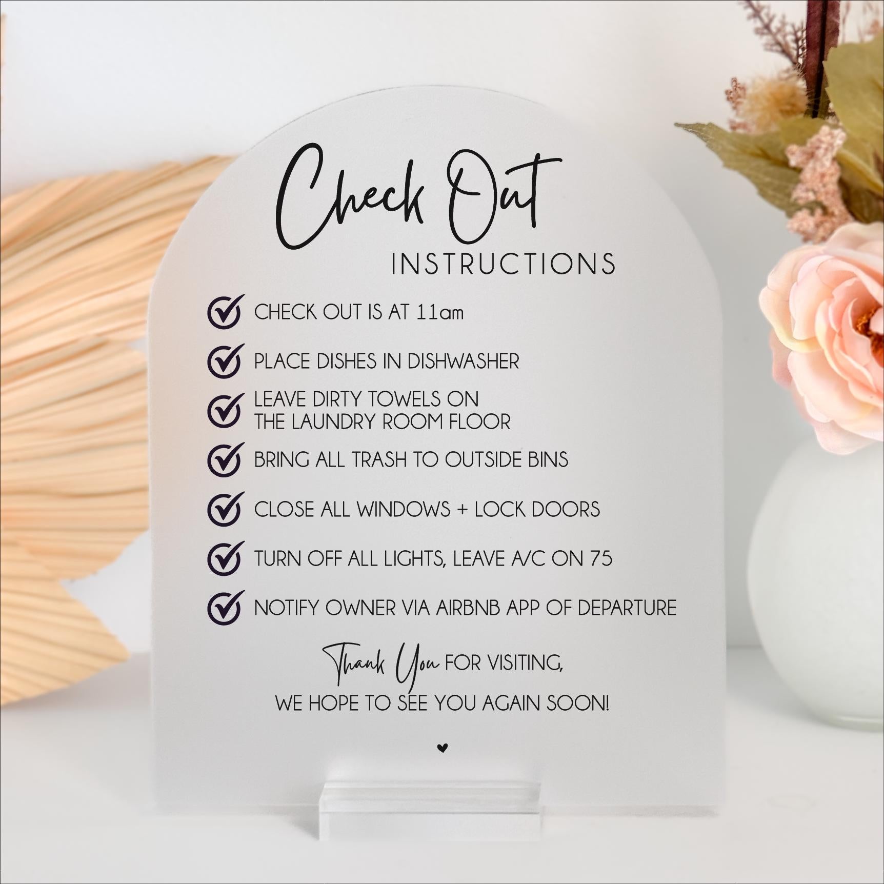 F34-AS4 AirBnb VRBO Checkout Instructions For Hotel Guest Vacation Home  Rental Checklist Custom Acrylic Sign For Reception Desk Check-out Check List