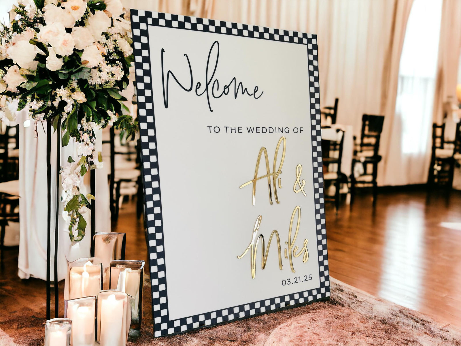 3D Gold Mirror Black and White Checkered Welcome To The Wedding Of Acrylic Sign, Classy Personalized Modern Names And Date Event Signage