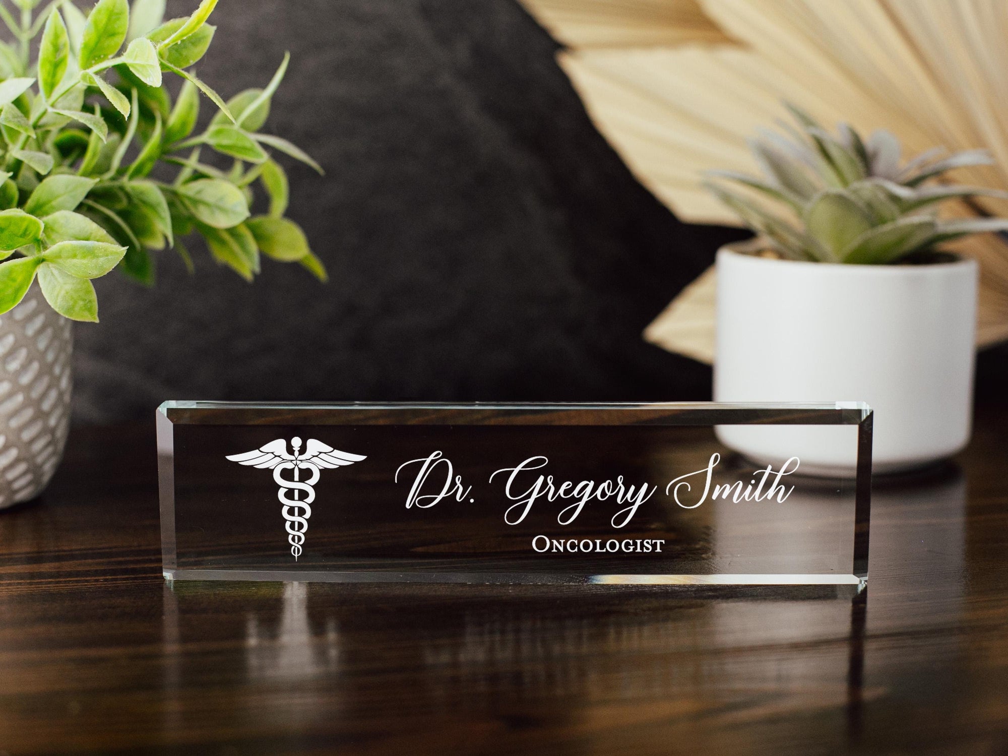 Physician MD Doctor Caduceus Glass Office Name Plate, PA Surgeon Nameplate, Medical Practitioner Appreciation Gift, Med School Graduation