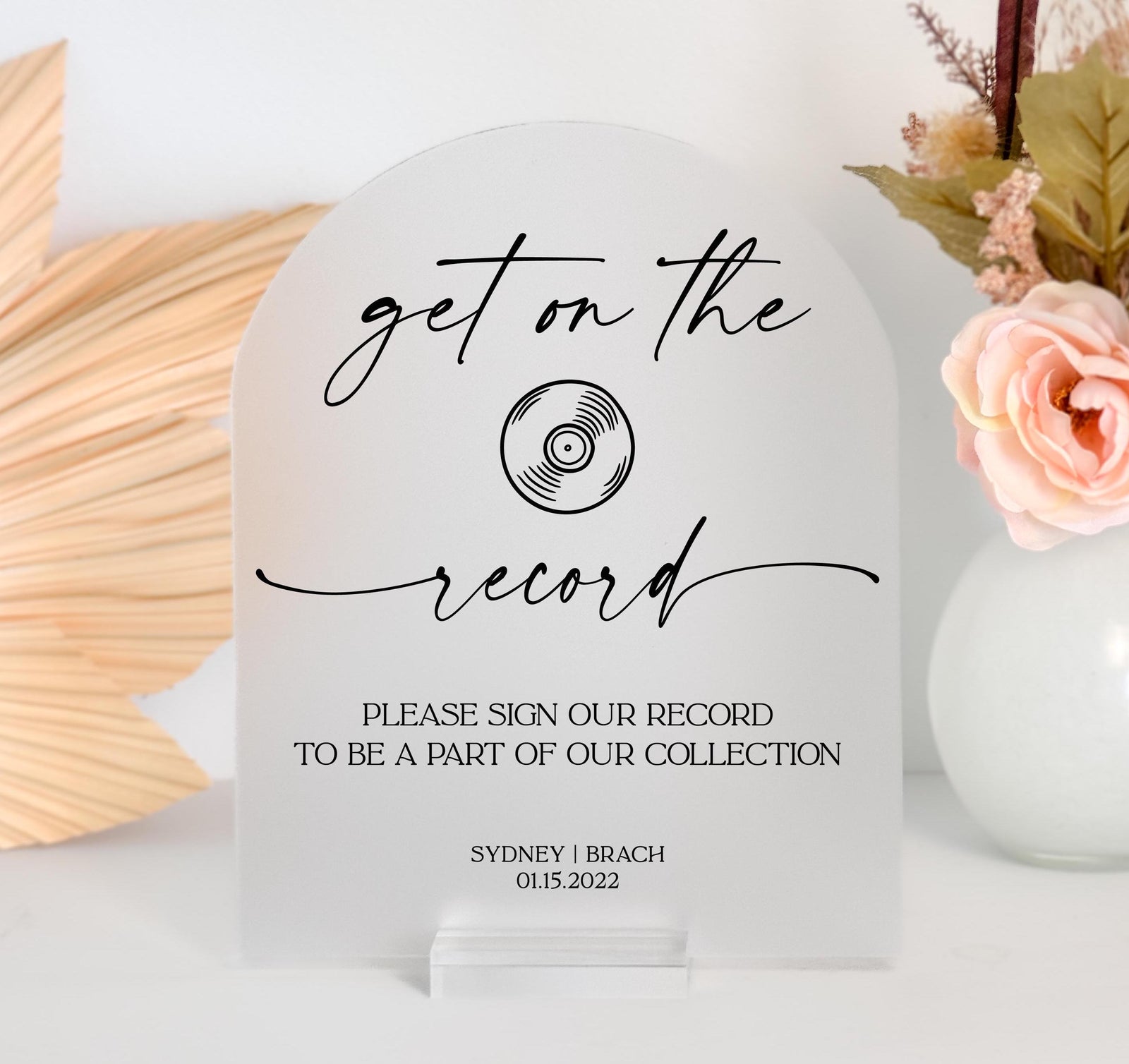 Get On The Record Please Sign Our Guestbook Acrylic Wedding Arch Sign, Vintage Wedding Guest book Signage, Vinyl For The Record Sign