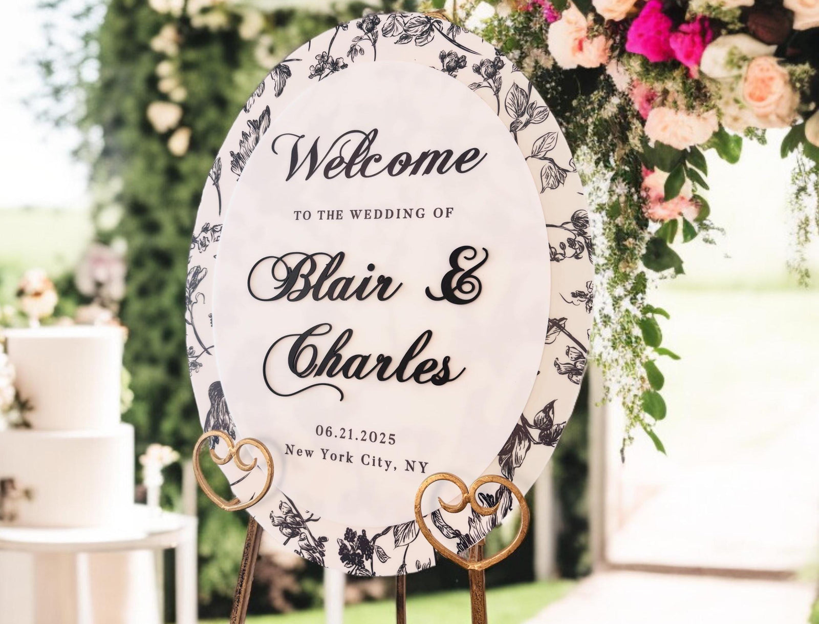Oval Toile Floral Chinoiserie Bridal Shower or Wedding Reception WELCOME Sign, Luxury Elegant Round Welcome Entrance Signage For Birthdays