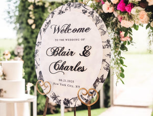 Oval Toile Floral Chinoiserie Bridal Shower or Wedding Reception WELCOME Sign, Luxury Elegant Round Welcome Entrance Signage For Birthdays