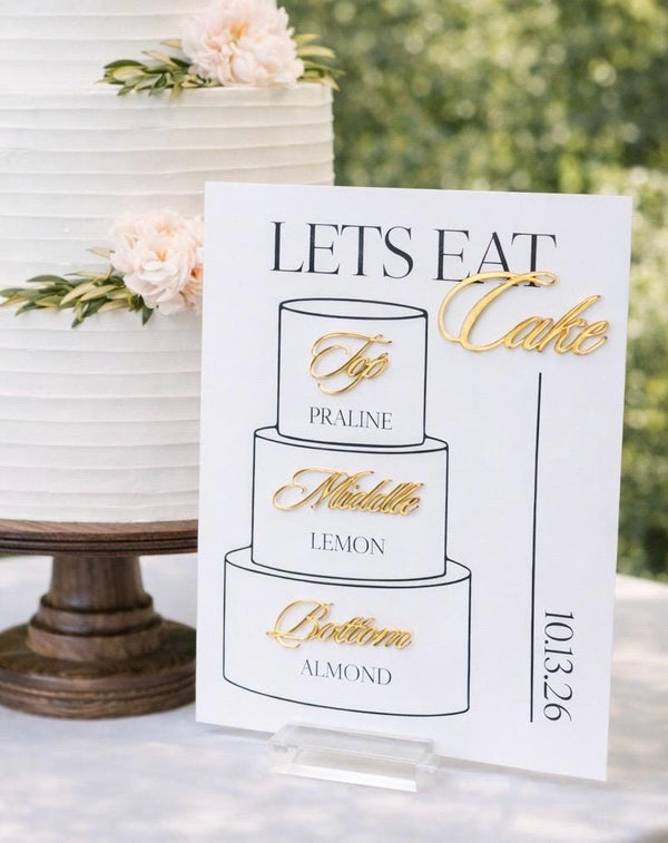 Acrylic Cake Sign Featuring 3D Cake Flavor Labels for Wedding Table ...