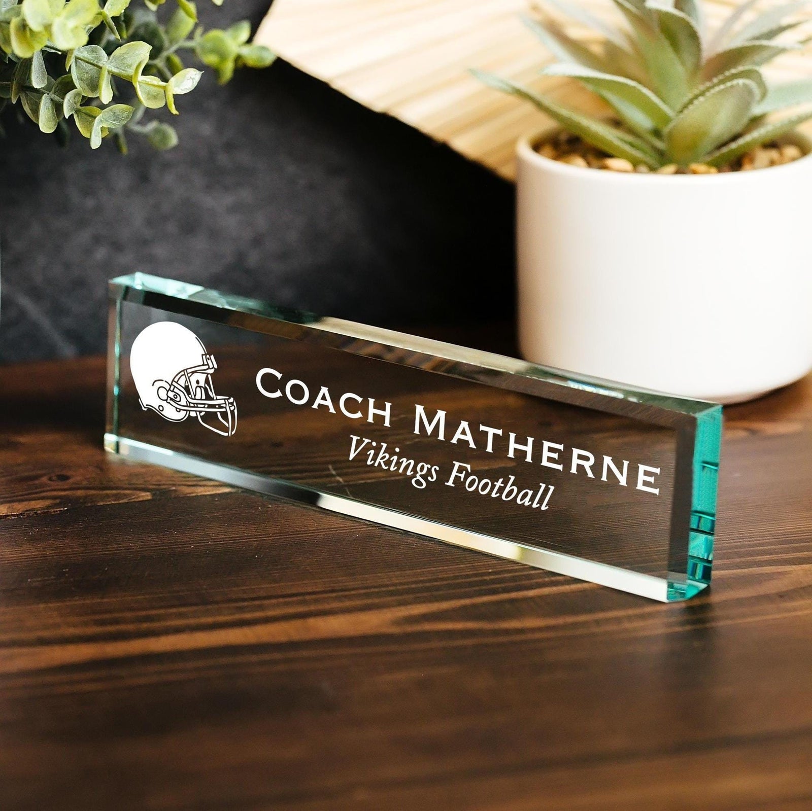 Sports Coach Glass Office Desk Name Plate, Varsity, Head Coach Assistant, Coaching Staff, Athletic Banquet Awards, Gift For Travel Ball Team GNP-COA