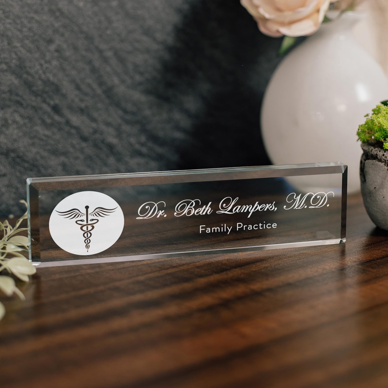 Physician MD Doctor Glass Office Desk Name Plate