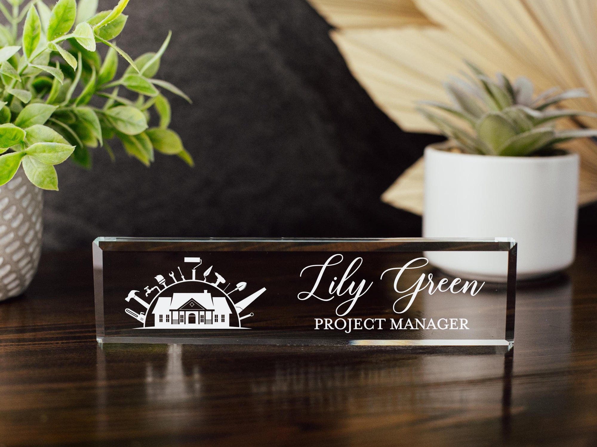 General Contractor Glass Office Desk Name Plate, Clear New Interior Designer, Architect, Project Manager, Sleek and Stylish Office Decor GNP-GCPM