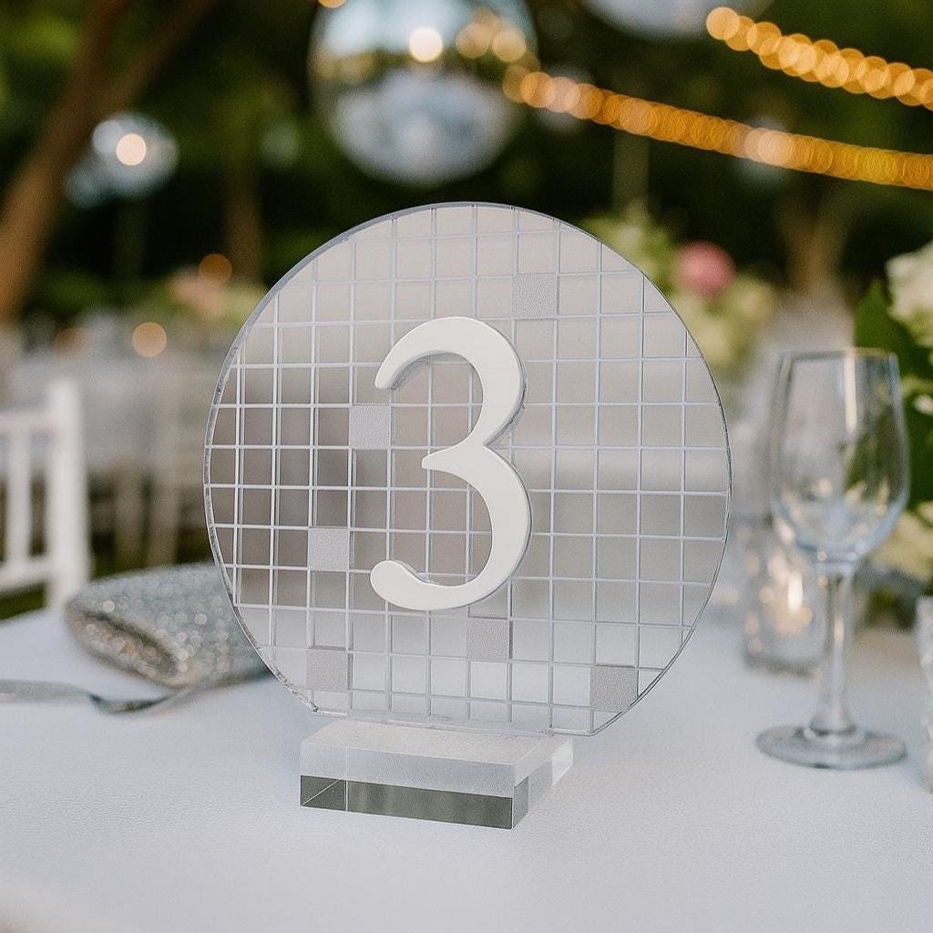 Retro Disco Wedding Table Numbers - Silver Mirror Acrylic Reception Decor