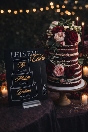 Acrylic Cake Sign Featuring 3D Cake Flavor Labels for Wedding Table Display