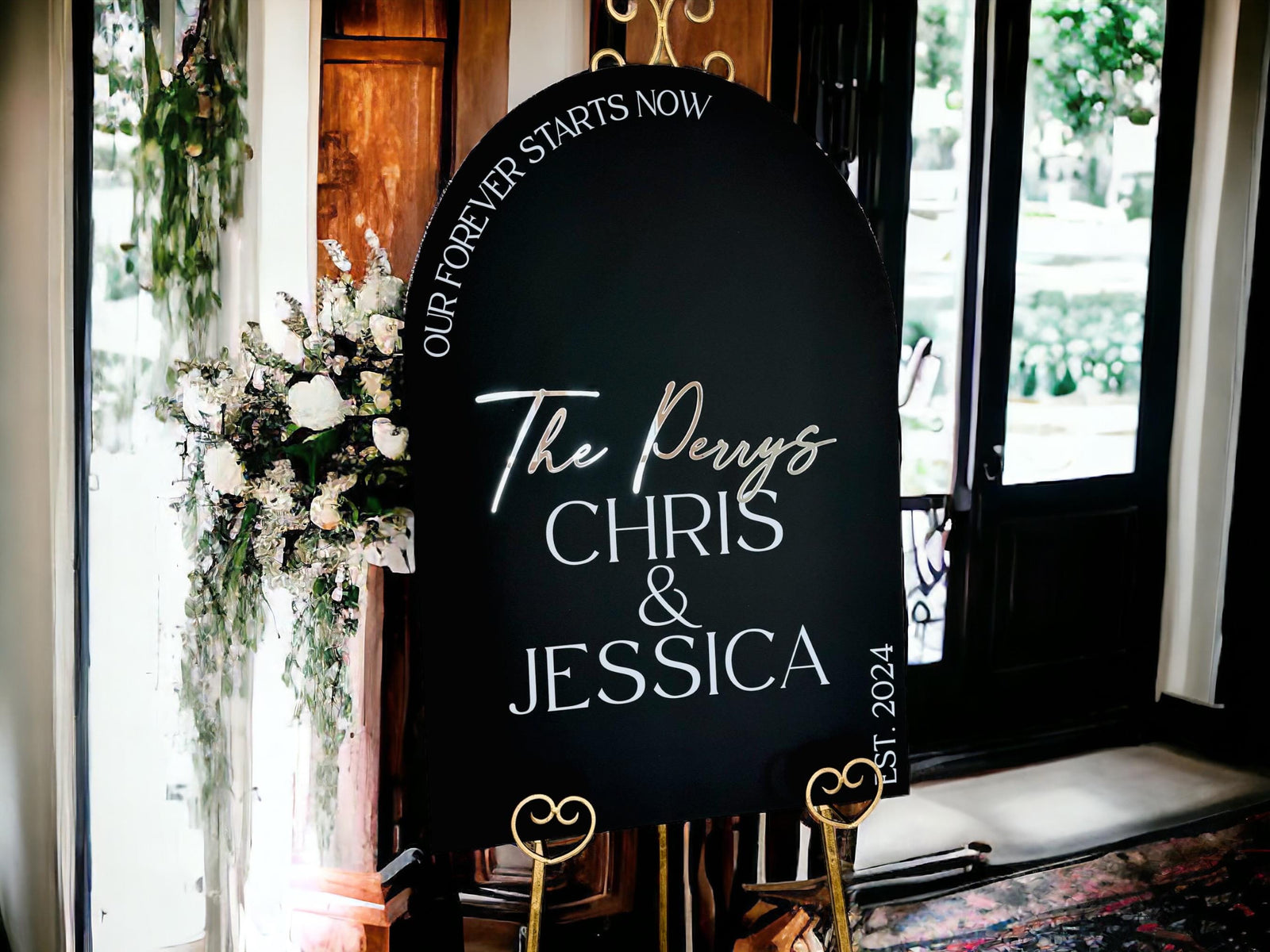 ARCH 3D Our Forever Starts Now Wedding Last Name Acrylic Welcome Sign, Personalized Modern Laser Matte Black Frosted Gold Entrance Signage