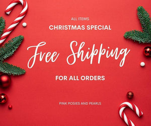 The image is a Christmas-themed advertisement with a red background, featuring Christmas decorations such as candy canes, pine branches, and ornaments. The text on the image announces a "Christmas Special" and offers "Free Shipping" for all orders, with the phrase "PINK POSIES AND PEARLS" at the bottom.