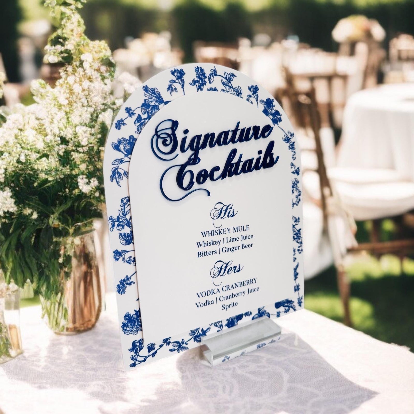 Bridal Shower Bar Sign - Elegant French Blue Chinoiserie Floral Toile Acrylic