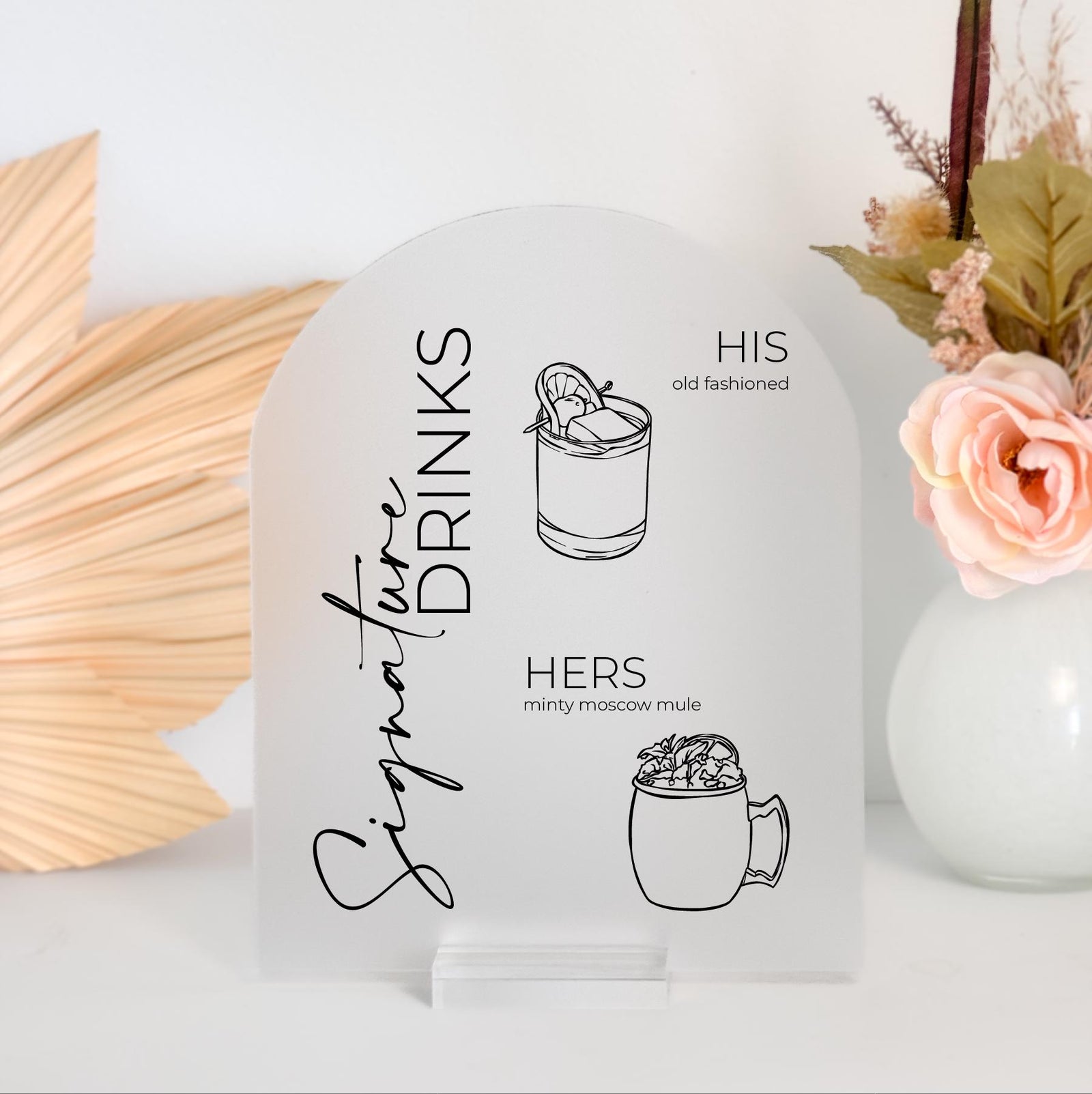 A11-DS2 Hand Drawn Signature Drinks Cocktail Hour Bar Menu Acrylic Sign for Wedding Reception Event Party Planning Bride and Groom Specialty Drink