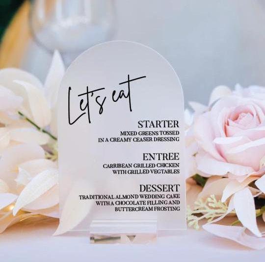 Wedding Food Menu Acrylic Signs, Dessert Table Titles, Entree Description, Menu Food Label, Entree Main Course Dessert Starter Menu