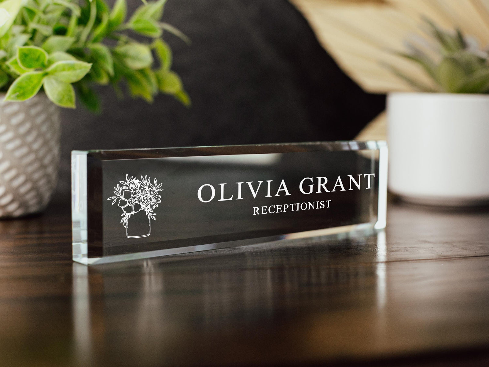 Line Drawn Nameplate Design, Crystal Personalized Desk Block, Glass Name Plate for Office, Design Your Own Choosing Font, Icon and Color GNP-REC