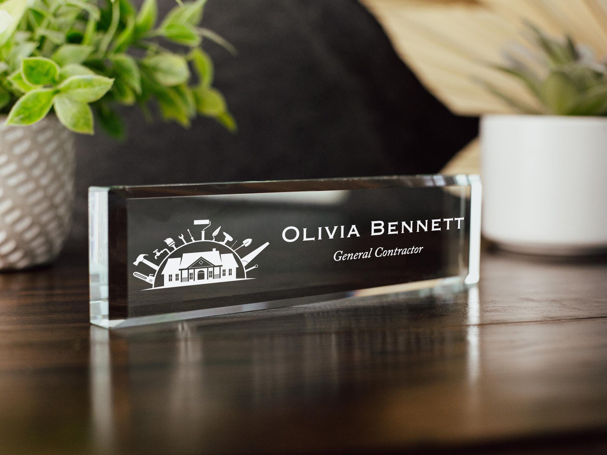 General Contractor Glass Office Desk Name Plate, Clear New Interior Designer, Architect, Project Manager, Sleek and Stylish Office Decor GNP-GCPM