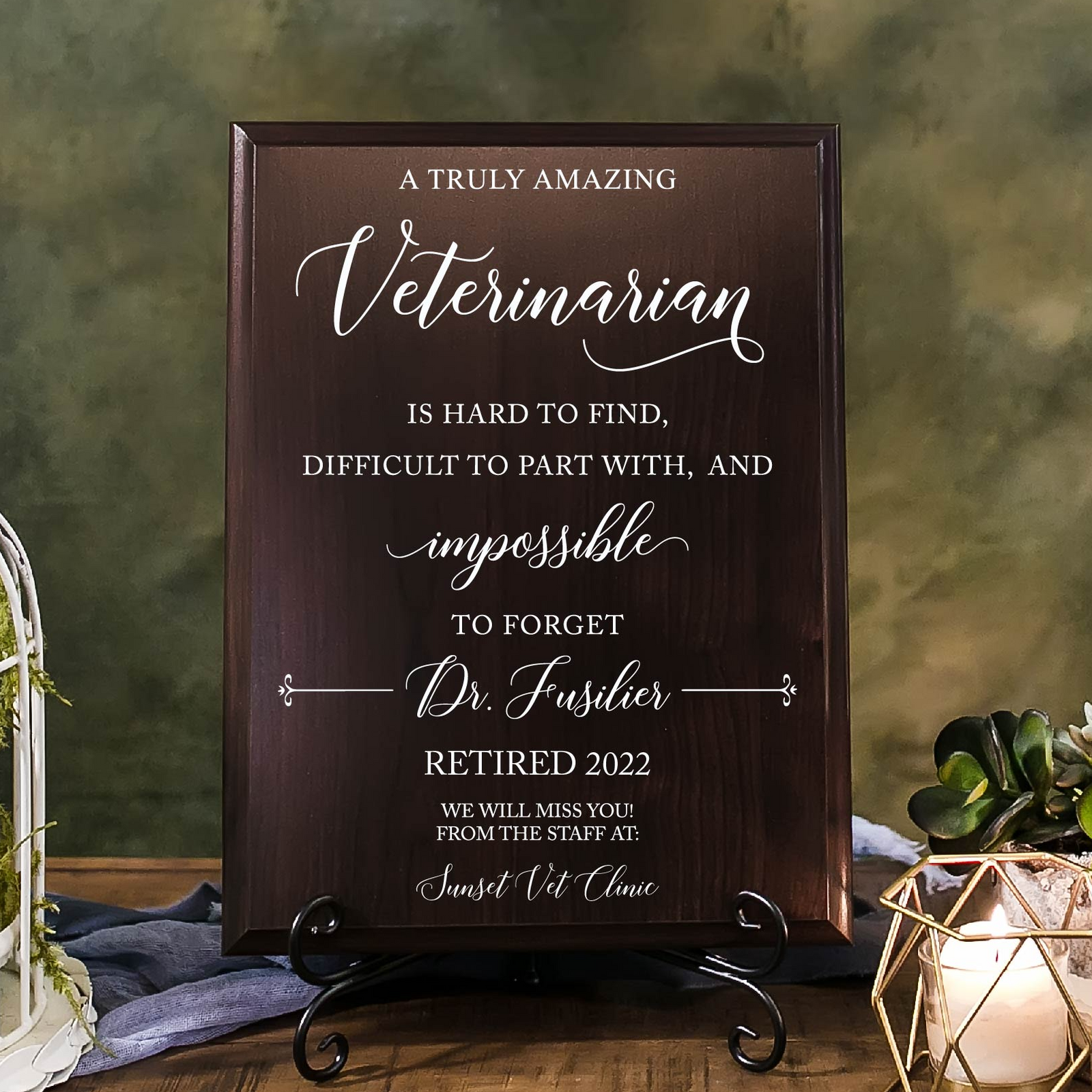 a wooden sign sitting on top of a wooden table