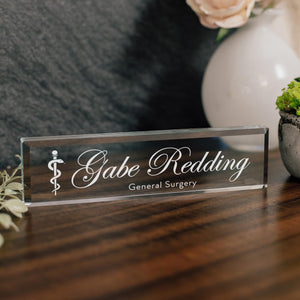Healthcare Glass Office Desk Name Plate Rod of Asclepius Nameplate