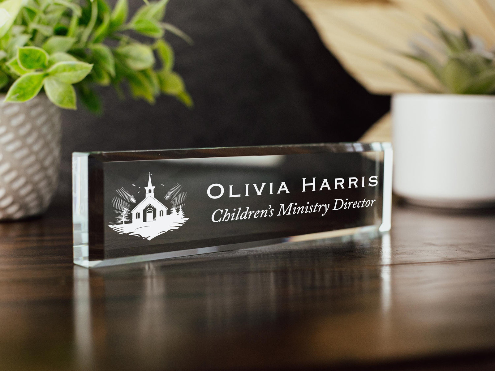 Pastor Church Staff Glass Office Desk Name Plate, Worship Leader, Bible Study Director, Reverend, Pastoral Lead, Minister, CHOOSE your icon GNP-PAST