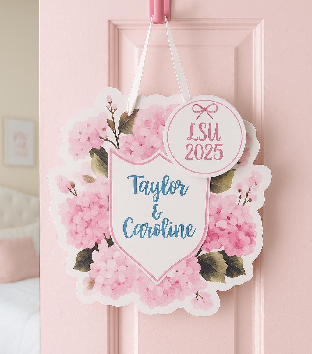 Hydrangea Coquette Bow Door Hanger – Blue & Pink Floral Dorm Decor, 20” UV Printed Sign with Ribbon, College Room or Porch Accent