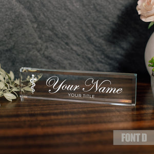 Healthcare Glass Office Desk Name Plate Rod of Asclepius Nameplate