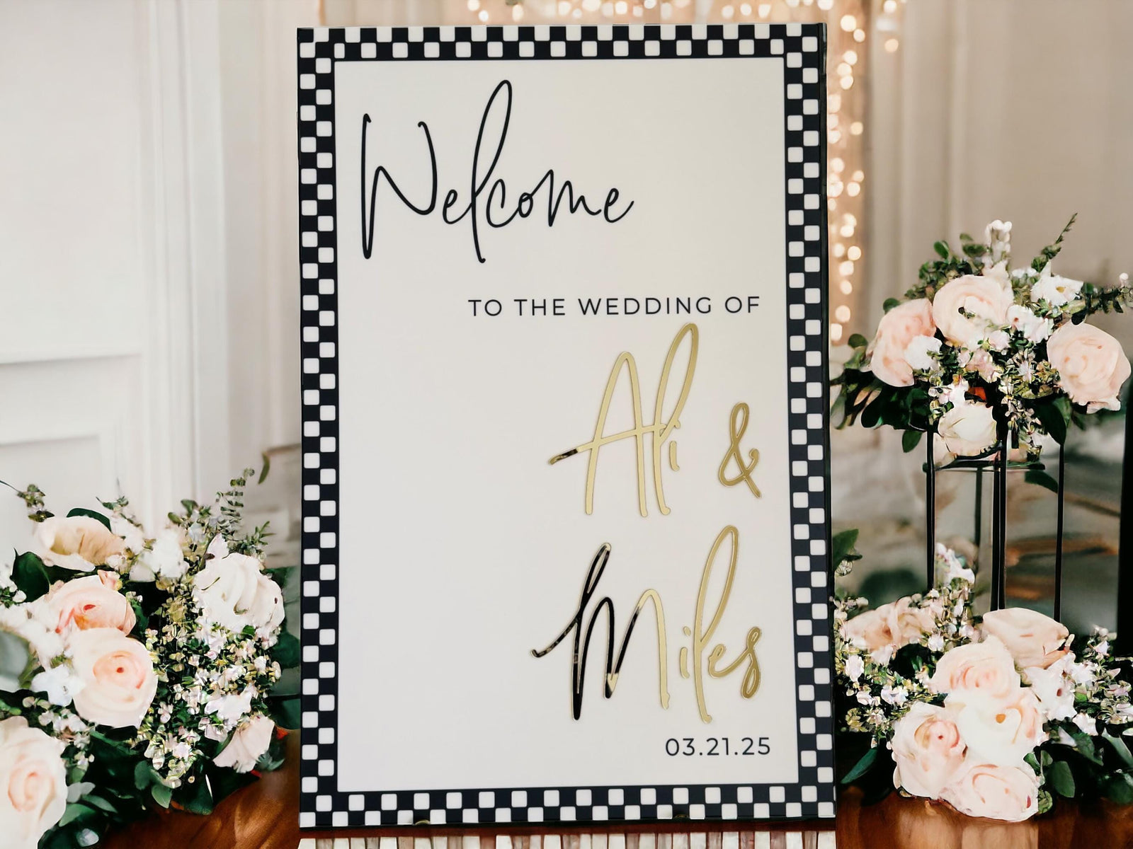 3D Gold Mirror Black and White Checkered Welcome To The Wedding Of Acrylic Sign, Classy Personalized Modern Names And Date Event Signage